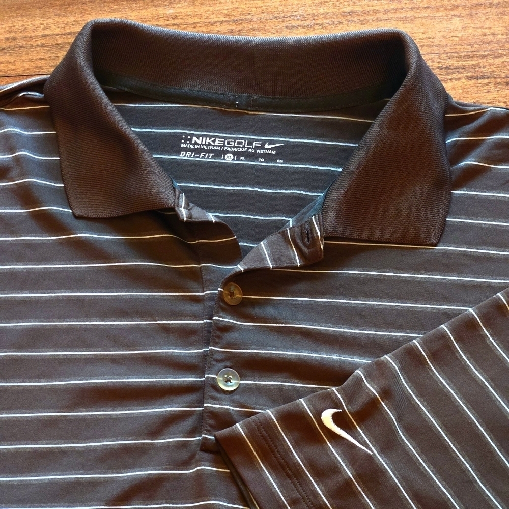 NikeGolf Men's XL Brown White Striped Polo Shirt Dri-fit Short Sleeves Active